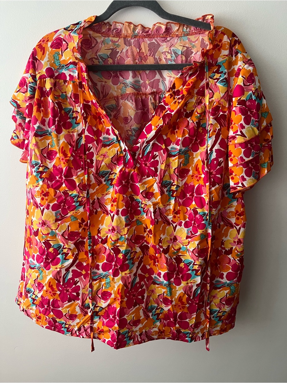 Floral V-Neck Short Sleeve Top - Fuchsia & Orange